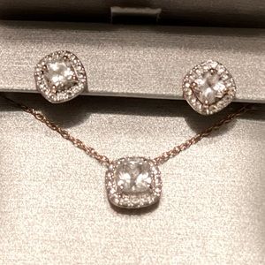 Zales White Sapphire Rose Gold Necklace/Earrings Set